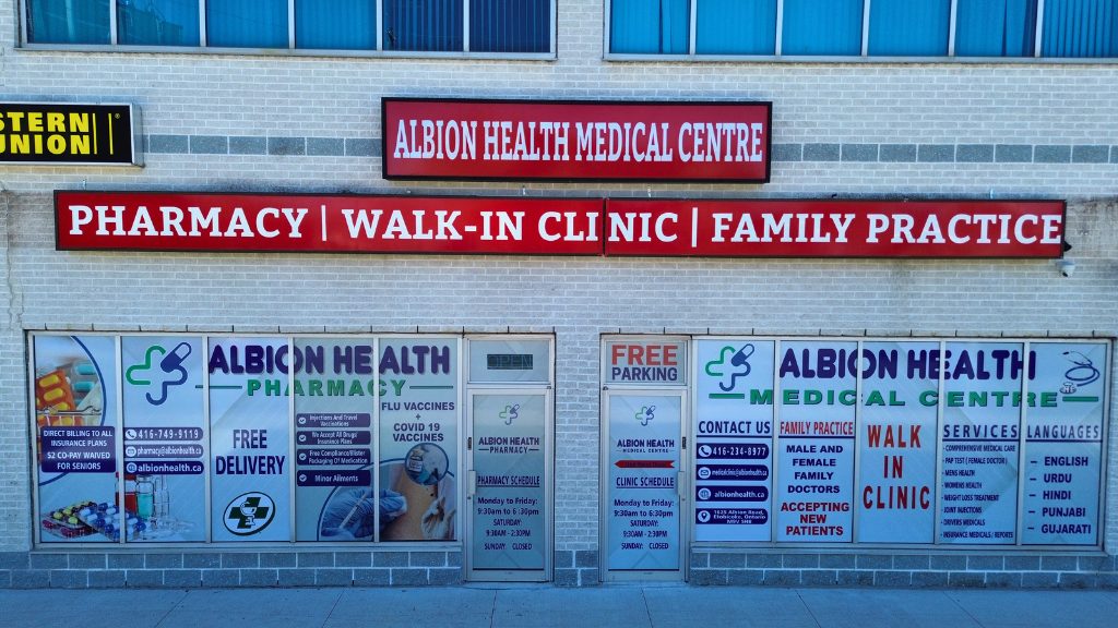 Albion Health Medical Centre storefront and signage in Etobicoke
